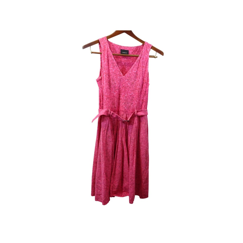 Akris Pink Floral Cotton V-Neck Belted Pleated Midi Dress Size 8 Secretary